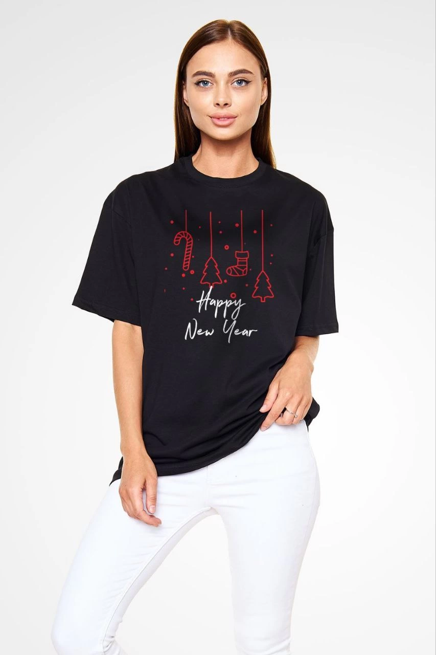 kadın Bisiklet Yaka Kısa kol Baskılı Oversize T-Shirt - Siyah
