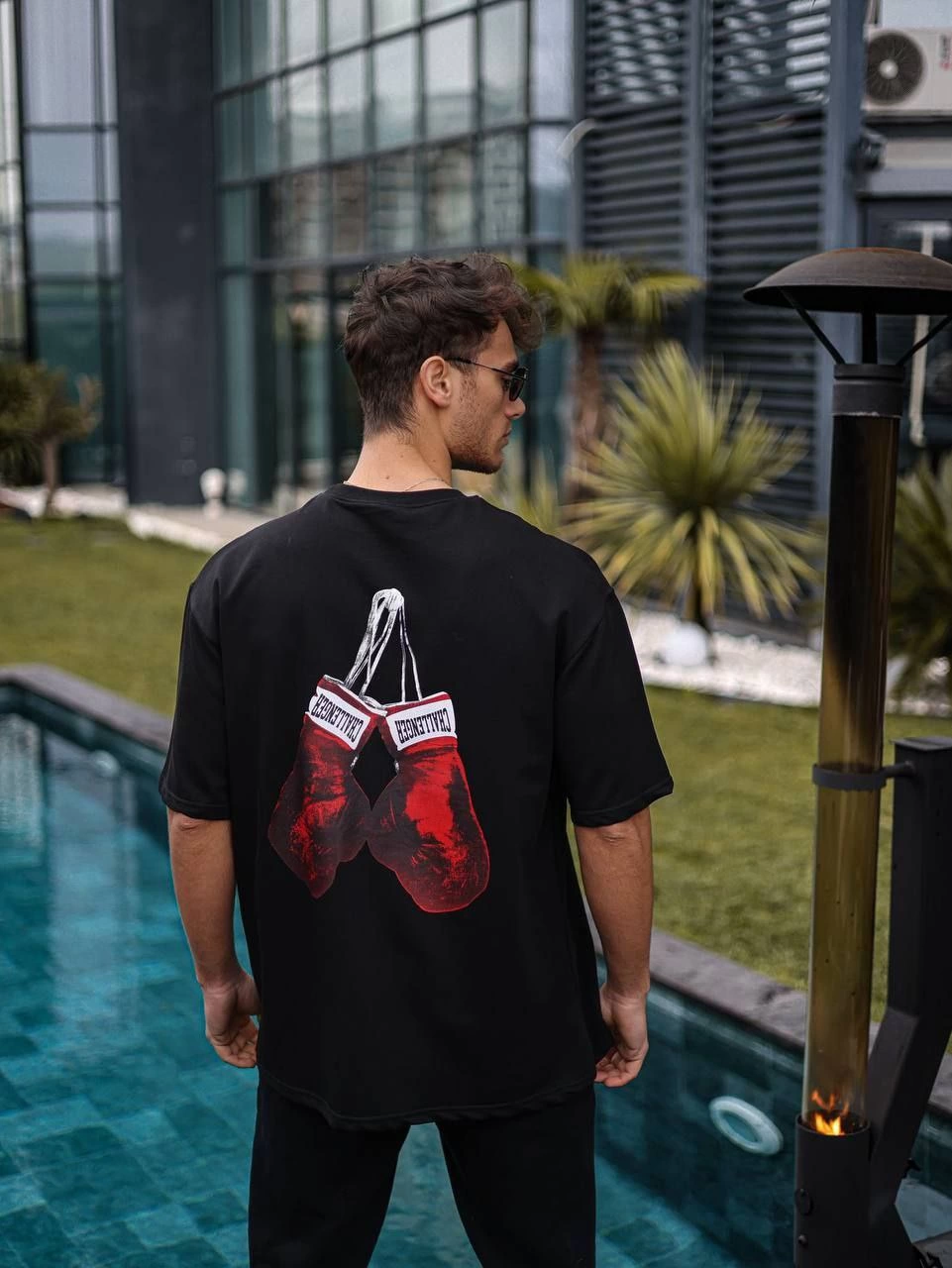 Erkek Bisiklet Yaka Baskılı Oversize T-Shirt - Siyah