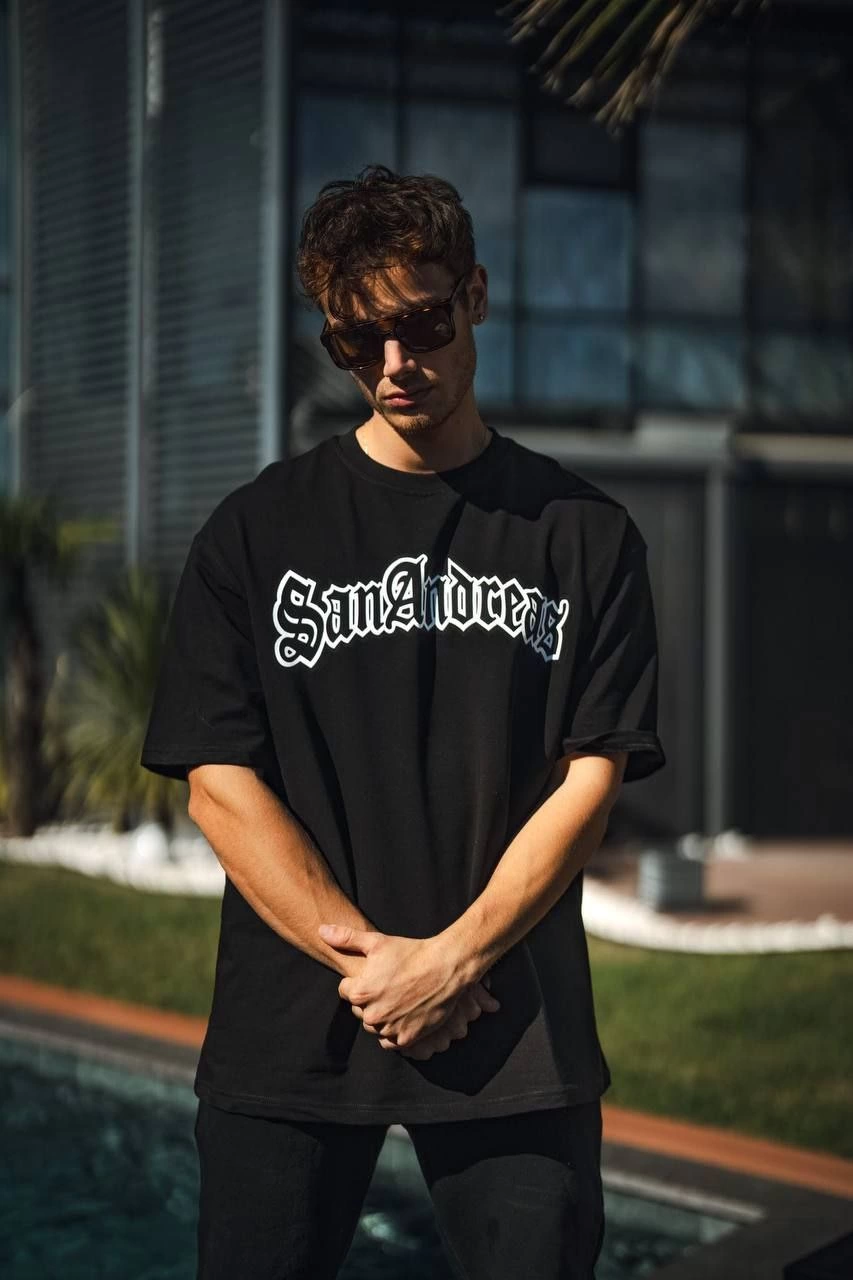 Erkek Bisiklet Yaka Baskılı Kısa kol T-Shirt - Siyah