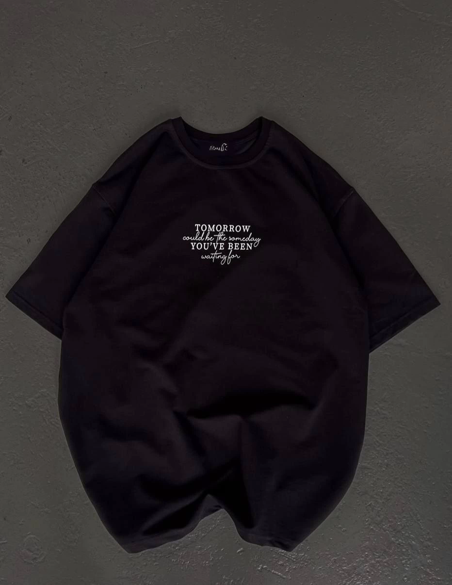 Kadın Baskılı T-Shirt Kısa Kol Bisiklet Yaka Oversize Rahat Kalıp Günlük Tişört - Siyah