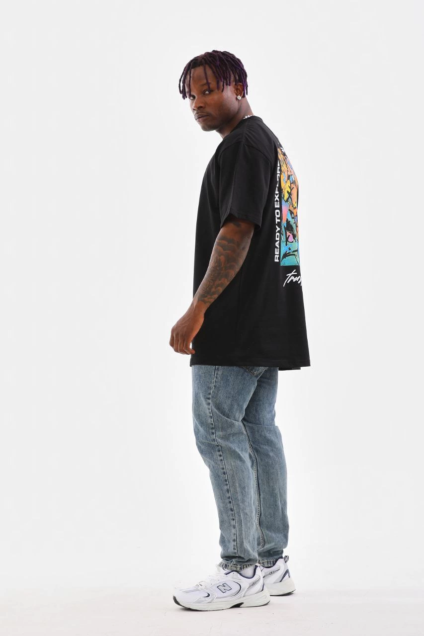 Erkek Bisiklet Yaka Baskılı Oversize T-Shirt - Siyah