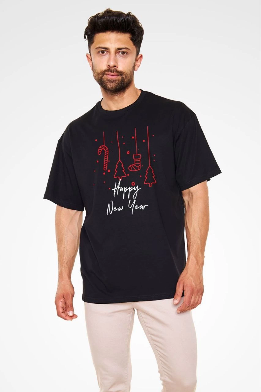 Erkek Bisiklet Yaka Baskılı Oversize Kısa kol T-Shirt - Siyah