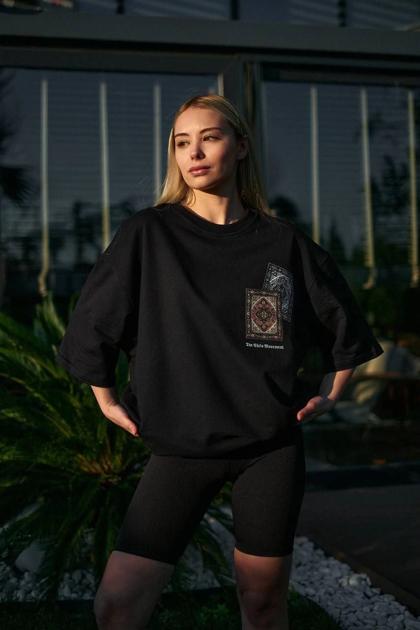 kadın Bisiklet Yaka Baskılı Kısa kol Oversize T-Shirt - Siyah
