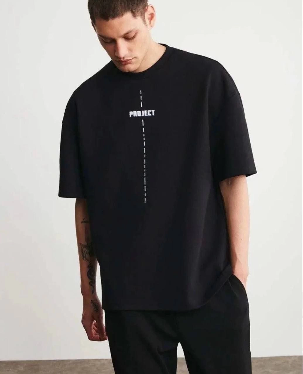 ERKEK Bisiklet Yaka Baskılı Oversize T-Shirt - Siyah