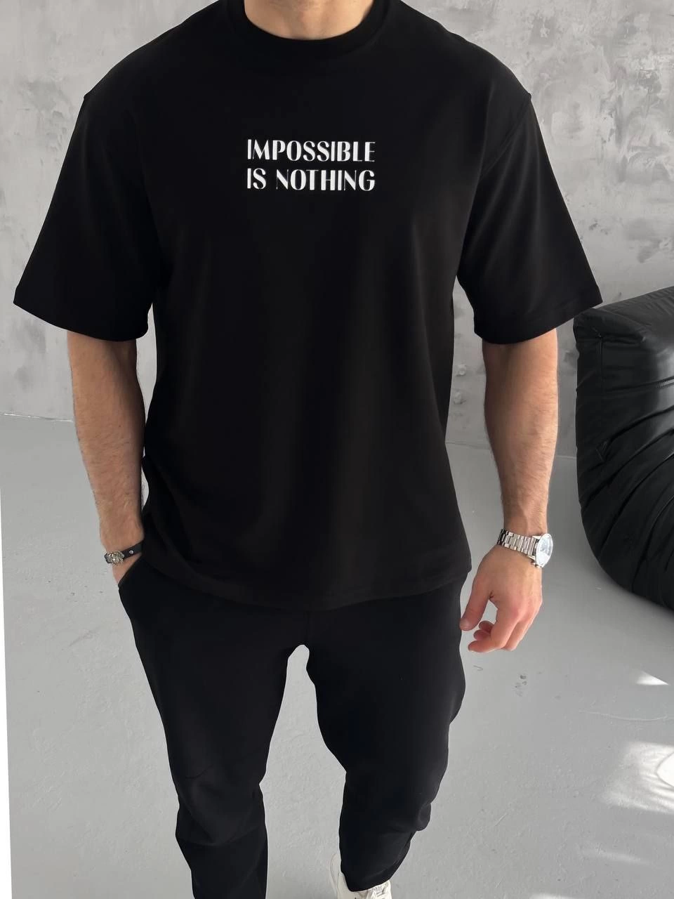 Erkek Bisiklet Yaka Baskılı Oversize Kısa kol T-Shirt - Siyah