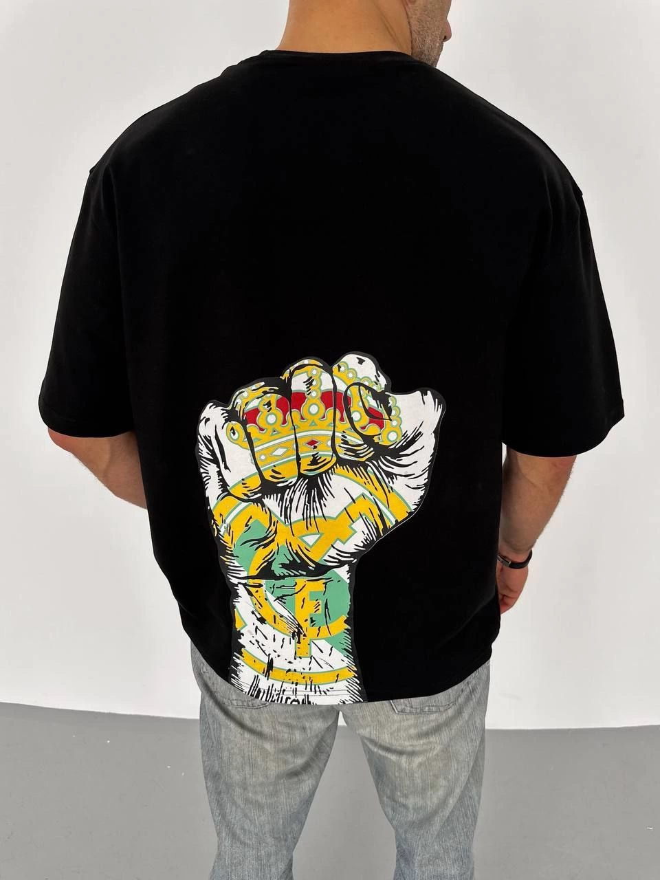 ERKEK Bisiklet Yaka Baskılı Oversize T-Shirt - Siyah