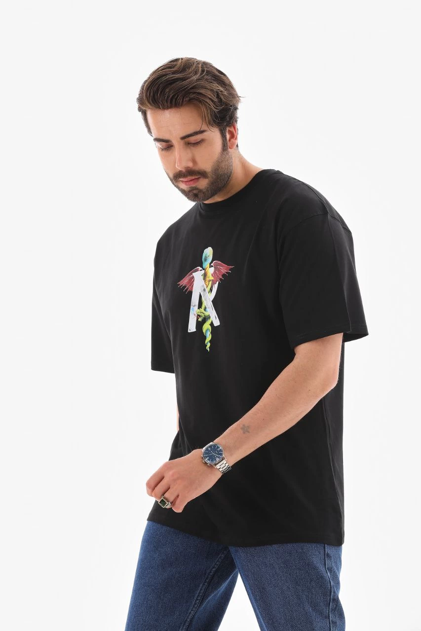 Erkek Baskılı T-Shirt Kısa Kol Bisiklet Yaka Regular Fit Rahat Kalıp Tişört - Siyah