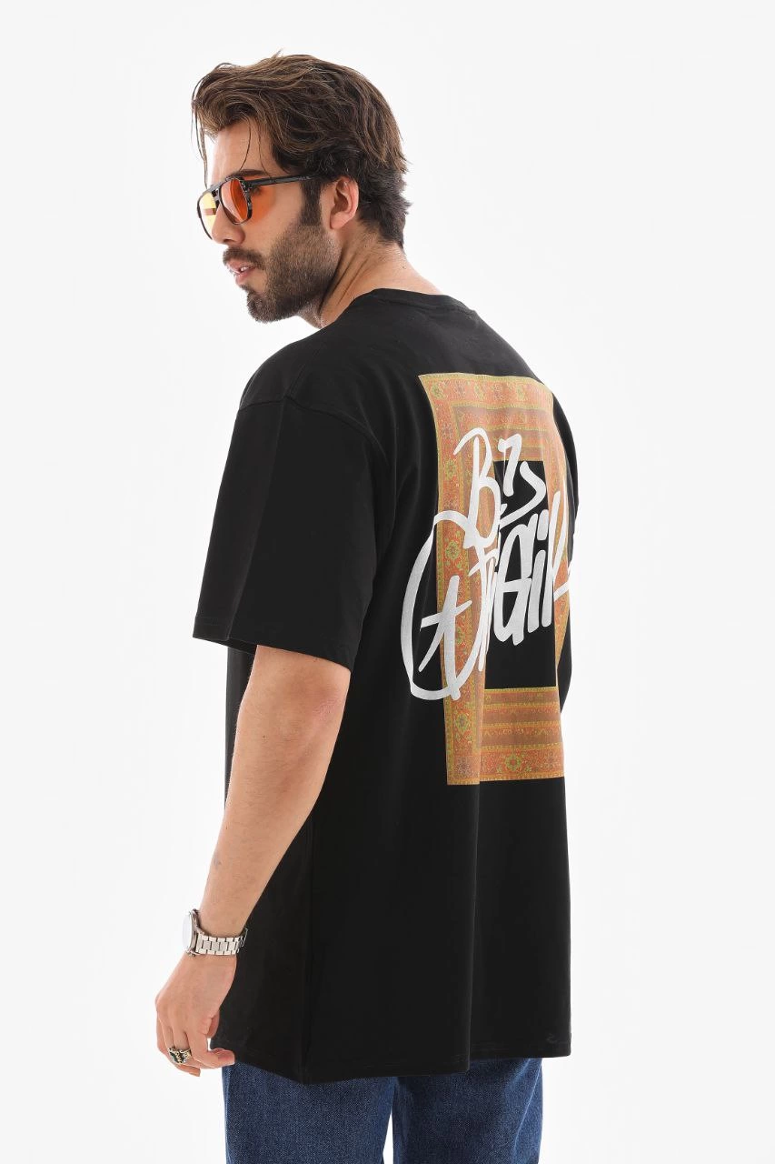 Erkek Baskılı T-Shirt Kısa Kol Bisiklet Yaka Regular Fit Rahat Kalıp Tişört - Siyah