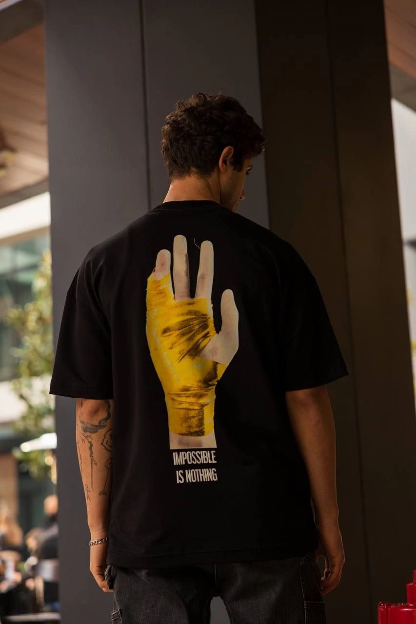 Erkek Bisiklet Yaka Baskılı Oversize Kısa kol T-Shirt - Siyah