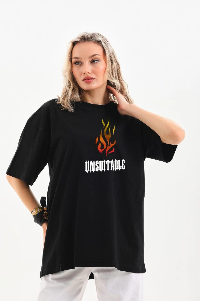 Kadın Baskılı T-Shirt Kısa Kol Bisiklet Yaka Oversize Rahat Kalıp Günlük Tişört - Siyah