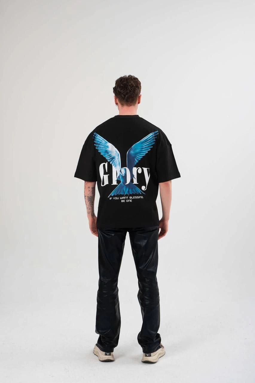 Erkek Bisiklet Yaka Baskılı Kısa kol Oversize T-Shirt - Siyah