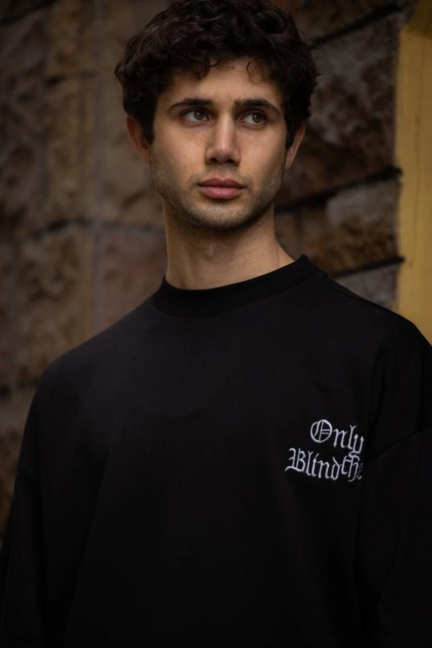 Erkek Bisiklet Yaka Baskılı Oversize Kısa kol T-Shirt - Siyah