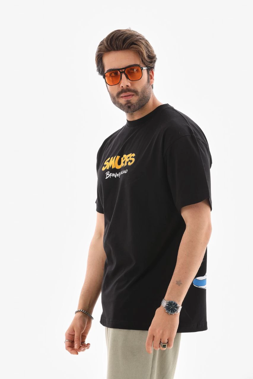 Erkek Bisiklet Yaka Baskılı Oversize T-Shirt - Siyah