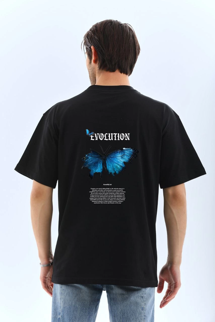 Erkek Bisiklet Yaka kelebek Baskılı Oversize T-Shirt - Siyah