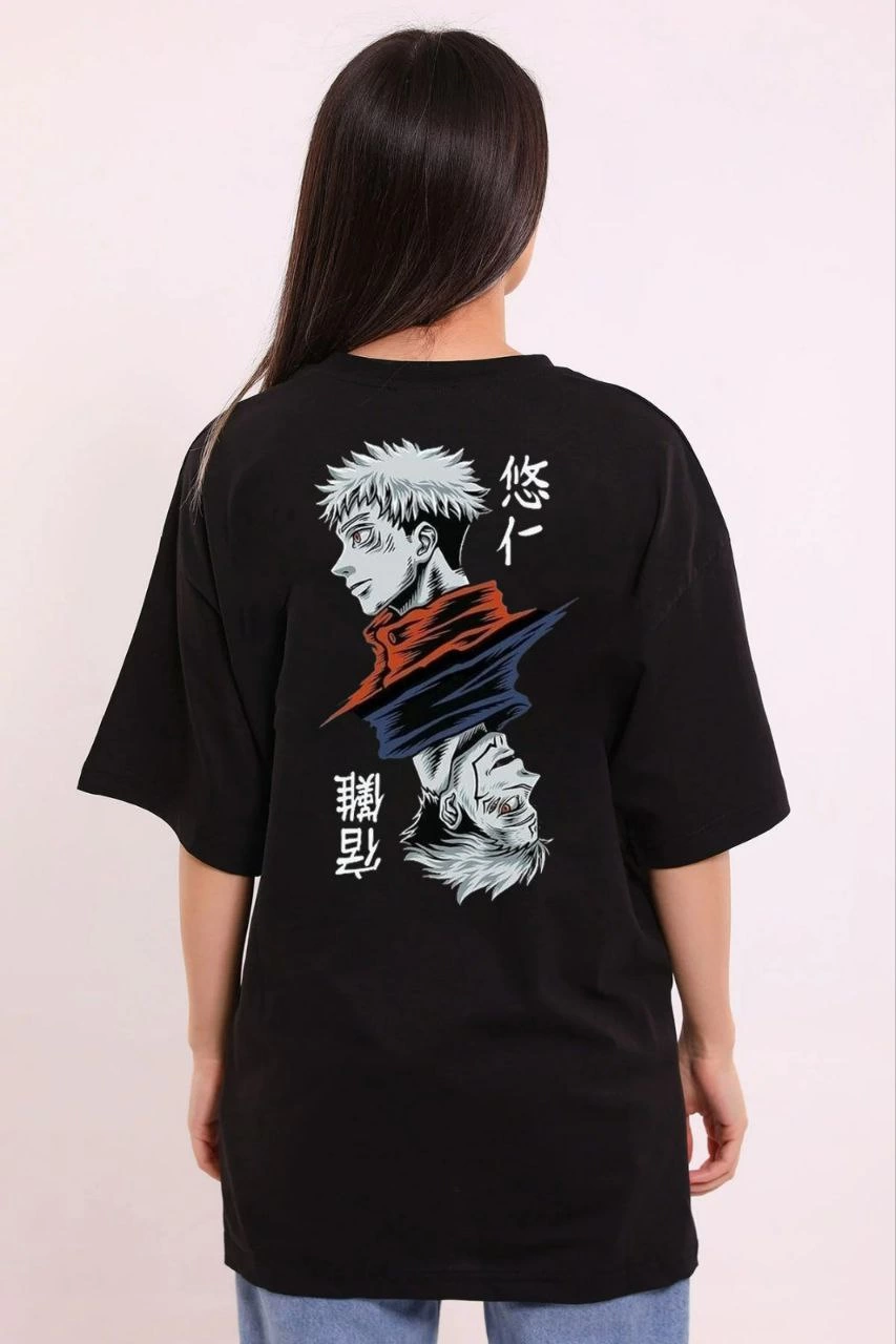 kadın Bisiklet Yaka Baskılı Oversize T-Shirt - Siyah