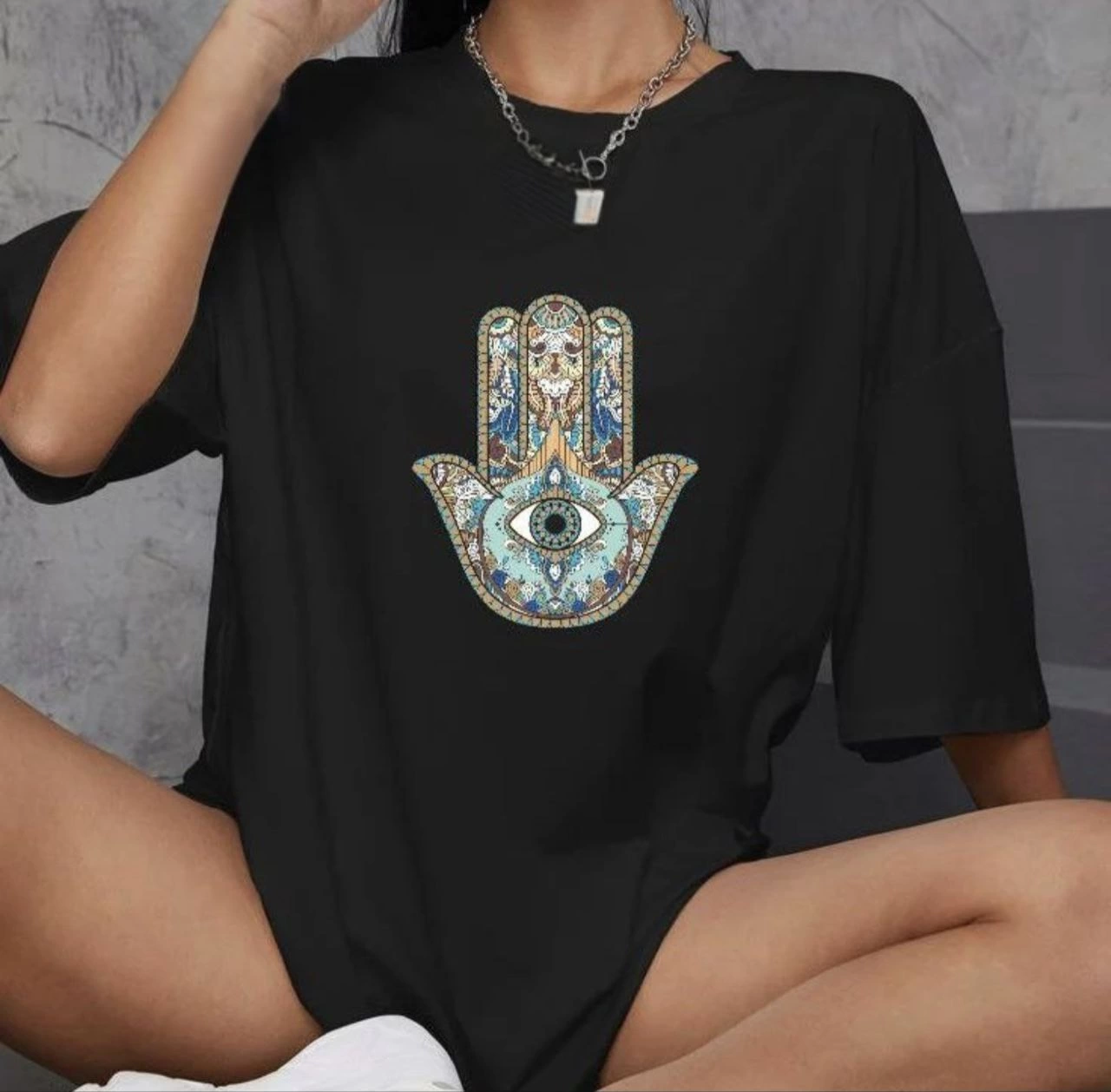 Kadın Baskılı T-Shirt Kısa Kol Bisiklet Yaka Oversize Rahat Kalıp Günlük Tişört - Siyah