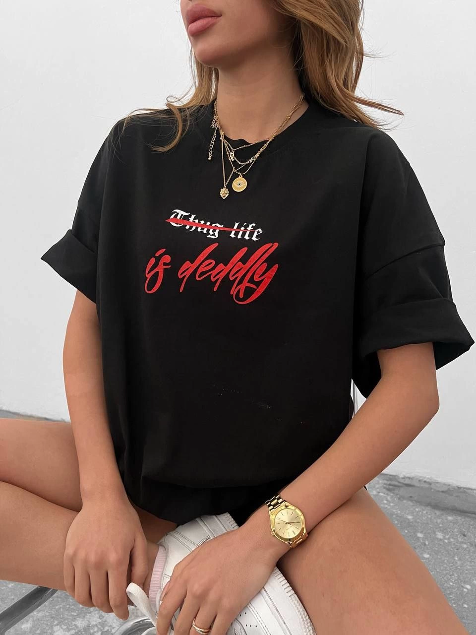 kadın Bisiklet Yaka Baskılı Oversize Kısa kol T-Shirt - Siyah