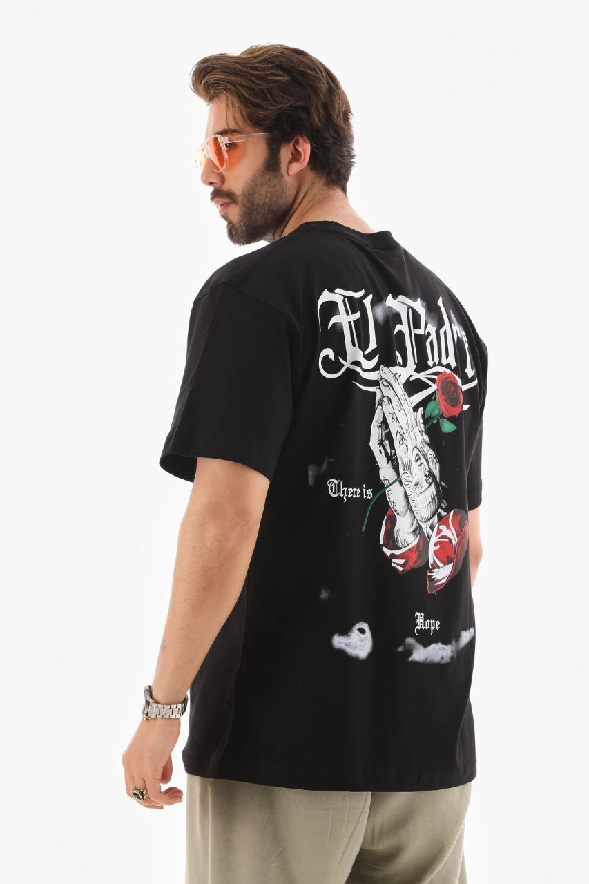 Erkek Bisiklet Yaka Baskılı Oversize T-Shirt - Siyah