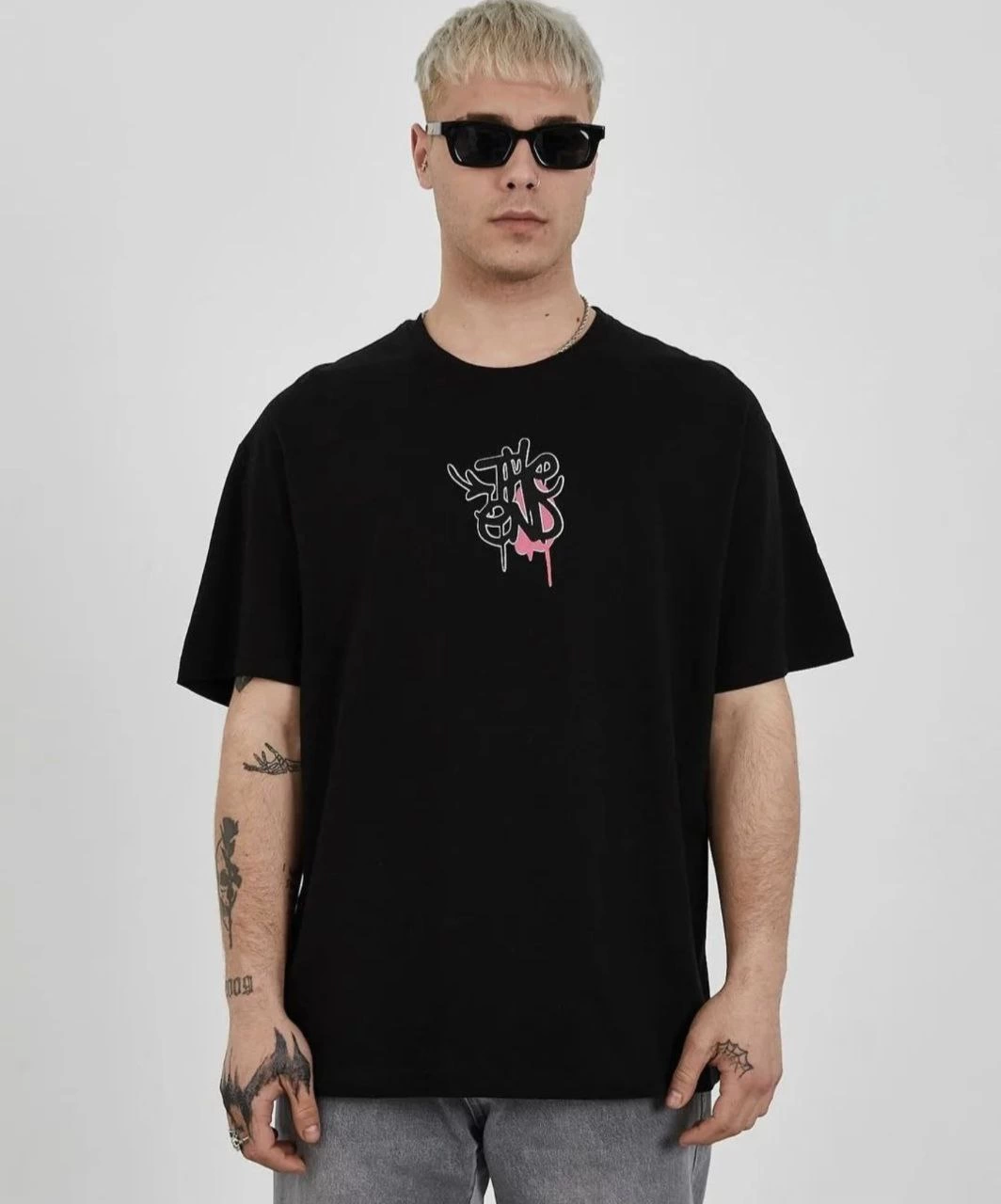 Erkek Bisiklet Yaka Baskılı Kısa kol T-Shirt - Siyah