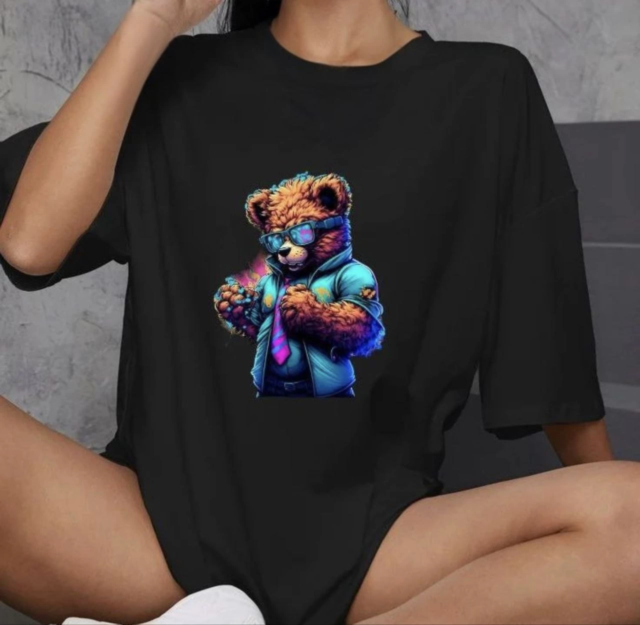 Kadın Baskılı T-Shirt Kısa Kol Bisiklet Yaka Oversize Rahat Kalıp Günlük Tişört - Siyah