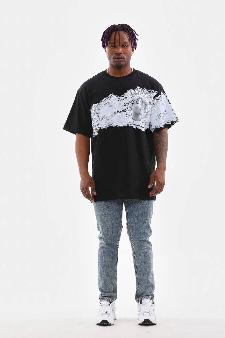 Erkek Bisiklet Yaka Baskılı Oversize T-Shirt - Siyah