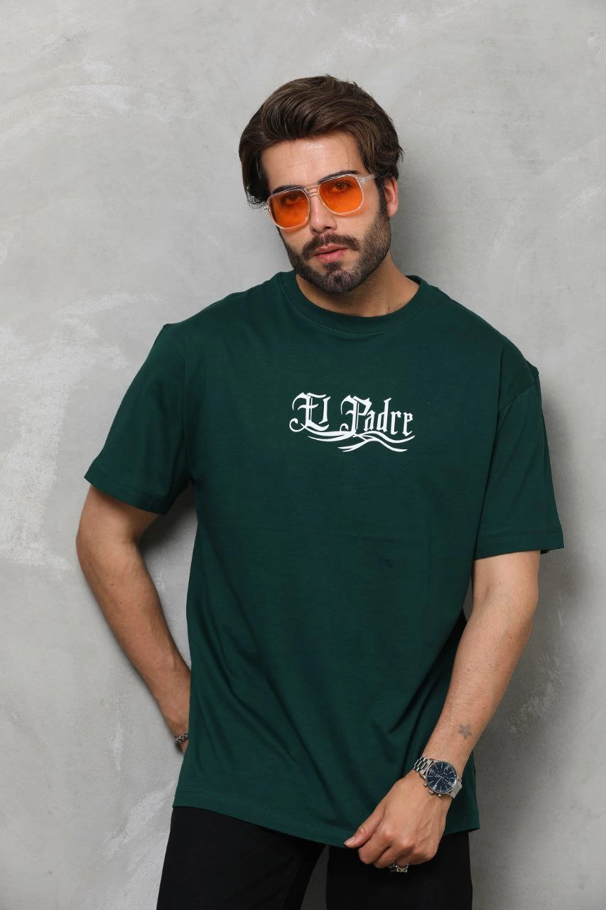 Erkek Bisiklet Yaka Baskılı Oversize T-Shirt - Yeşil