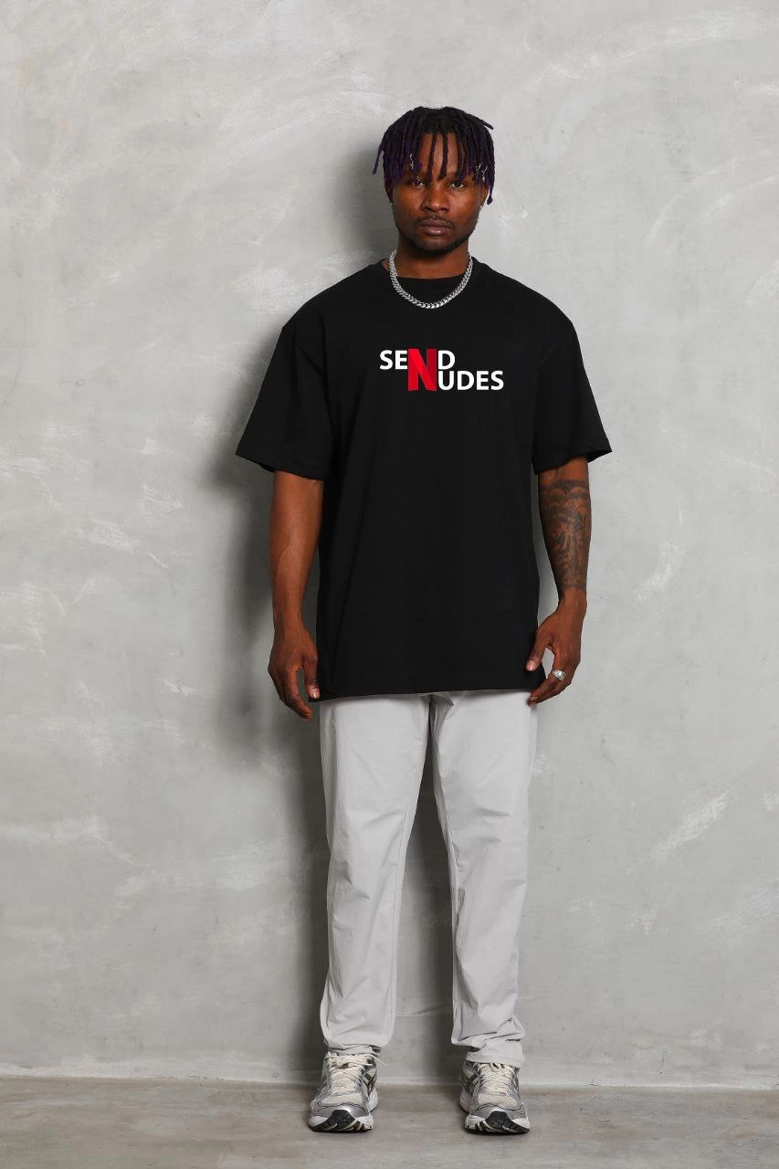 ERKEK Bisiklet Yaka Double Oversize Baskılı T-Shirt - Siyah