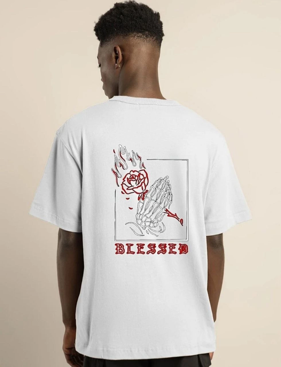 ERKEK Bisiklet Yaka Oversize Baskılı T-Shirt - Beyaz