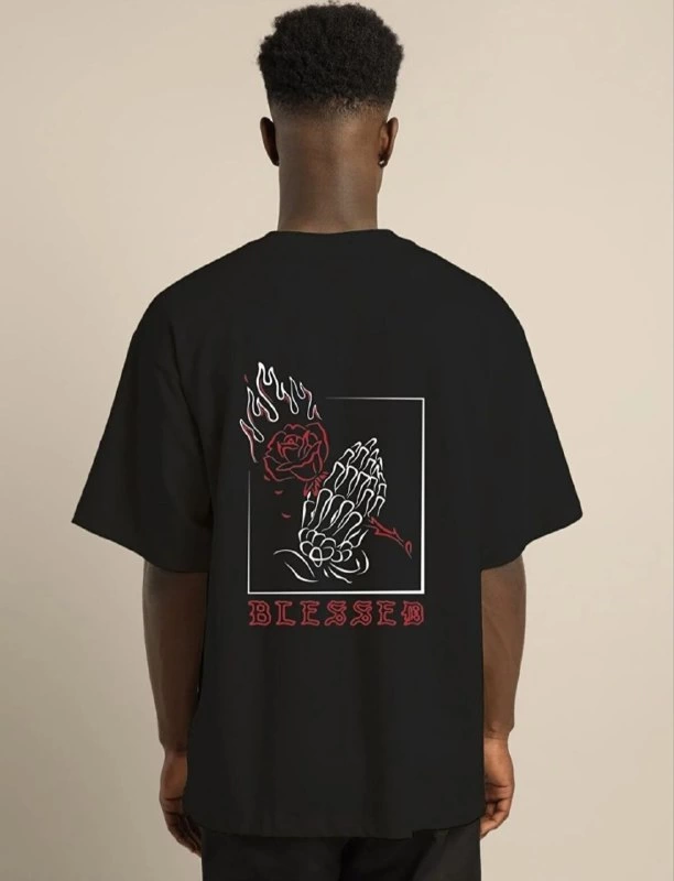 ERKEK Bisiklet Yaka Oversize Baskılı T-Shirt - Siyah