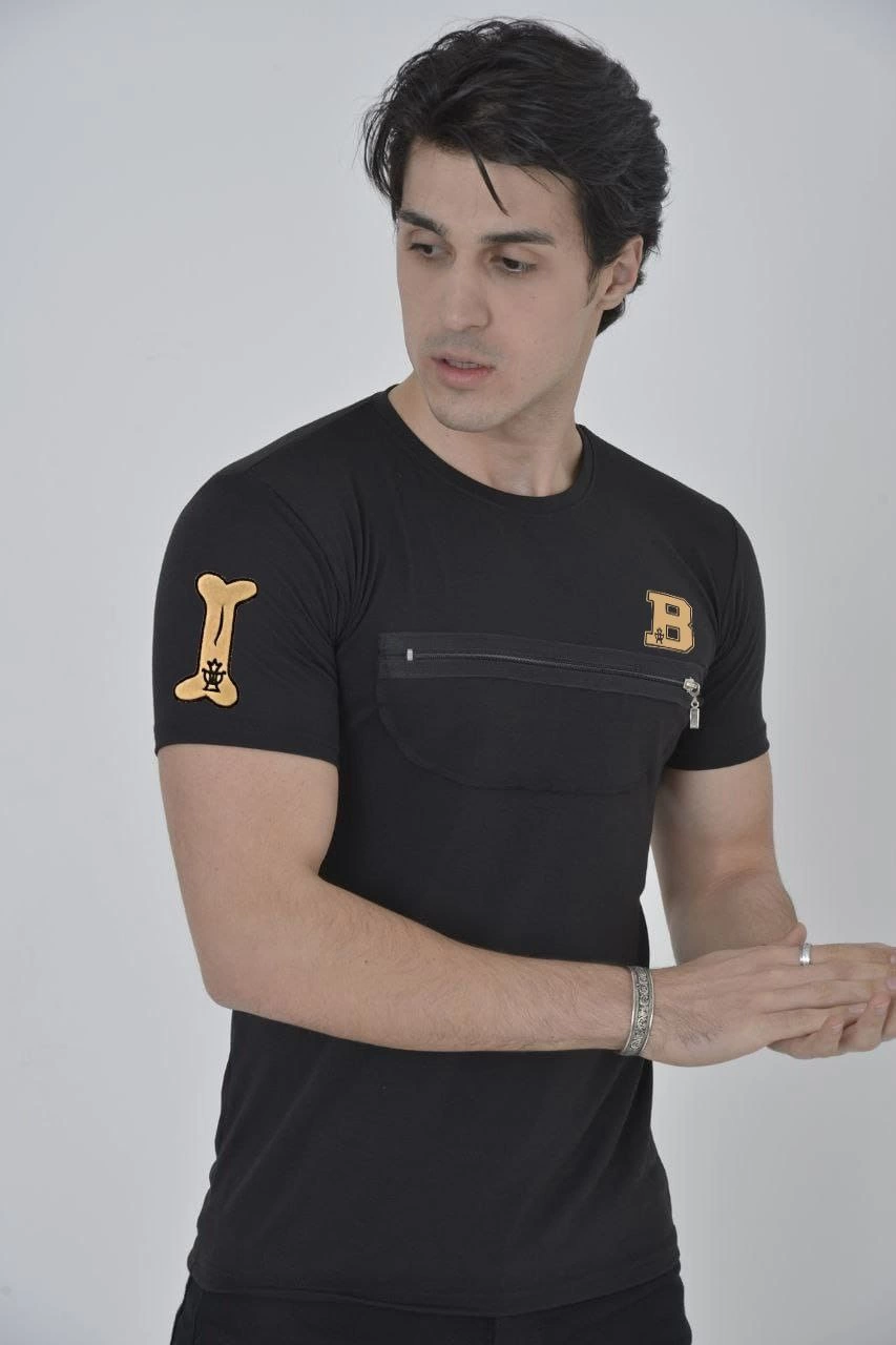 Erkek Baskılı T-Shirt Kısa Kol Bisiklet Yaka Göğüs Fermuarlı Slimfit Tişört - Siyah