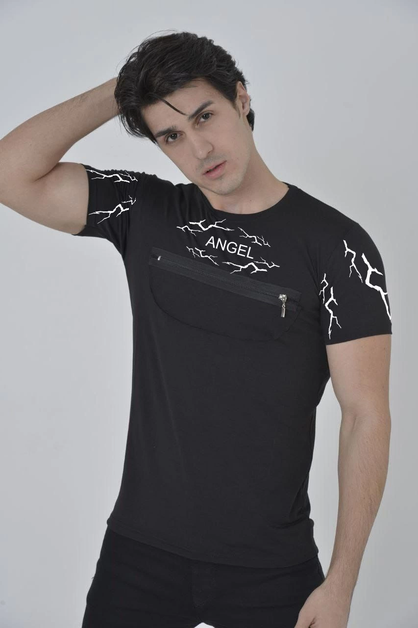 Erkek Baskılı T-Shirt Kısa Kol Bisiklet Yaka Göğüs Fermuarlı Slimfit Tişört - Siyah