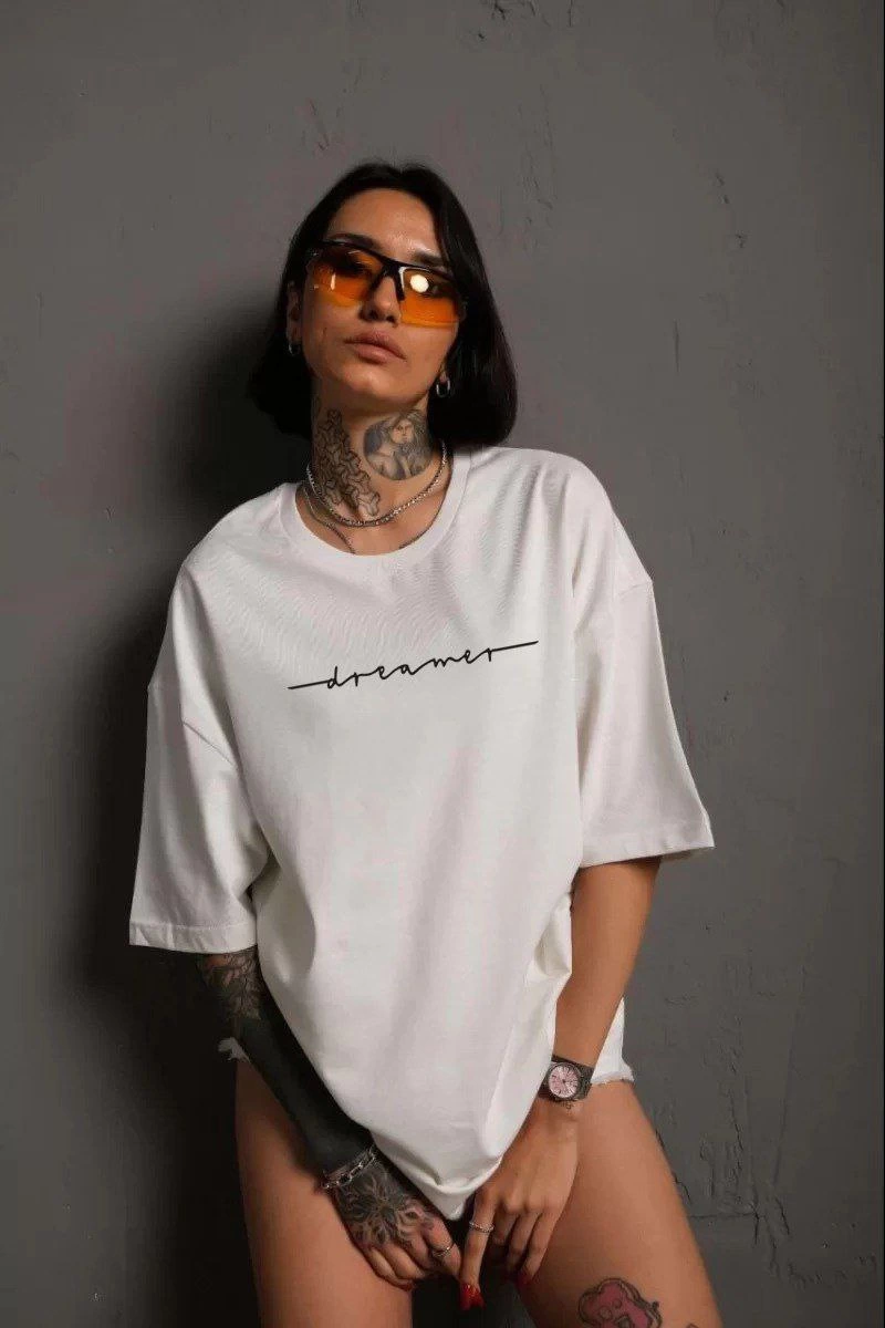 Kadın Bisiklet Yaka Baskılı Kısa kol T-Shirt - Beyaz