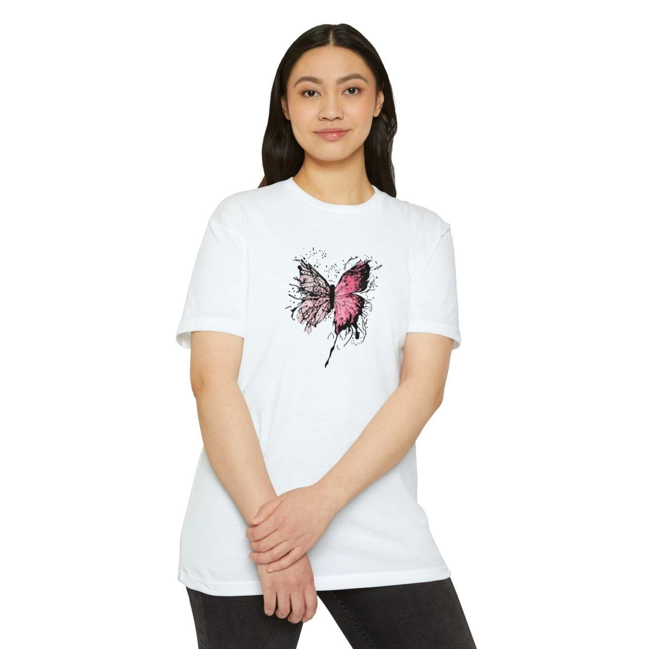 Kadın Bisiklet Yaka kelebek Baskılı Kısa kol T-Shirt - Beyaz