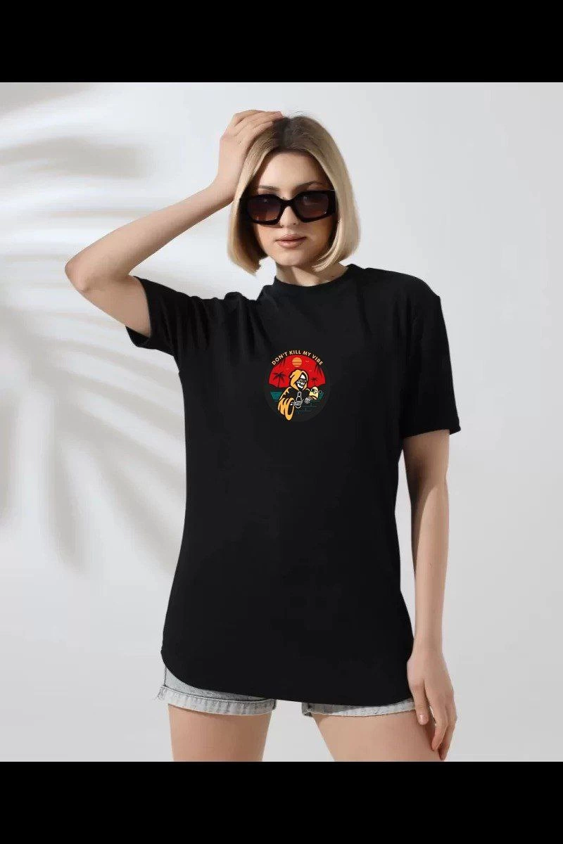 Kadın Bisiklet Yaka Baskılı kısa kol T-Shirt - Siyah
