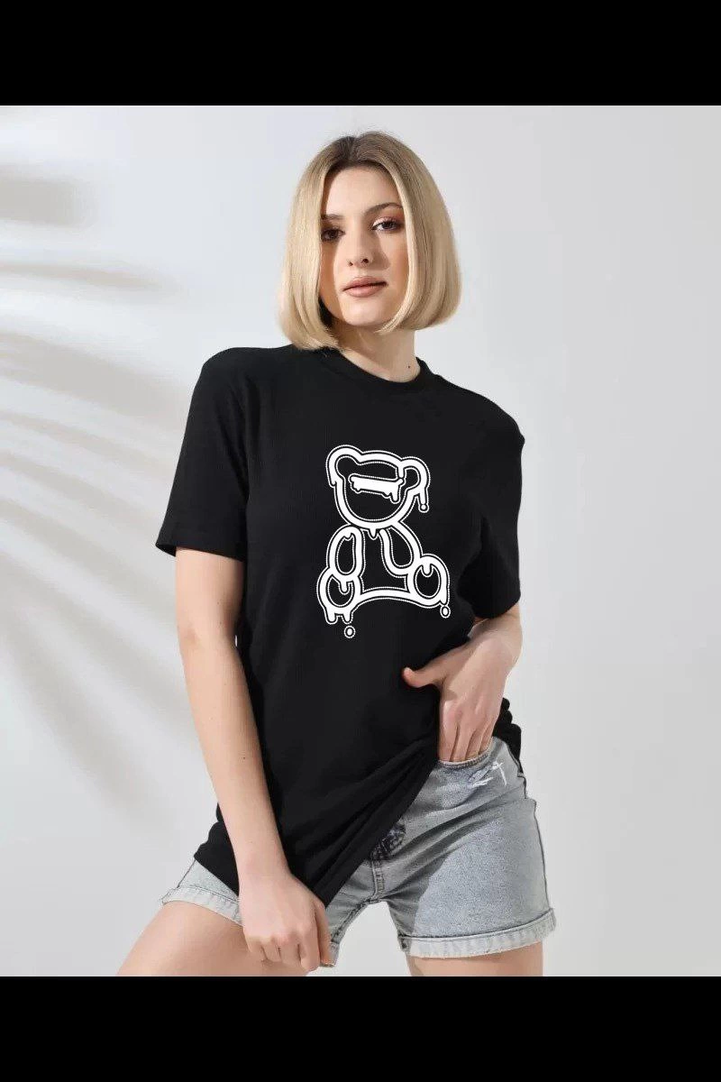 Kadın Bisiklet Yaka Baskılı Kısa kol T-Shirt - Siyah