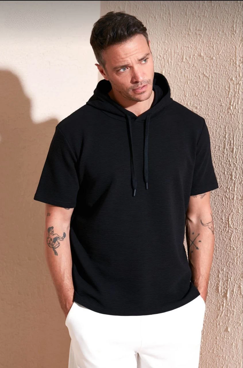 Erkek Kapşonlu Kısa Kol Düz Oversize T-shirt - Siyah