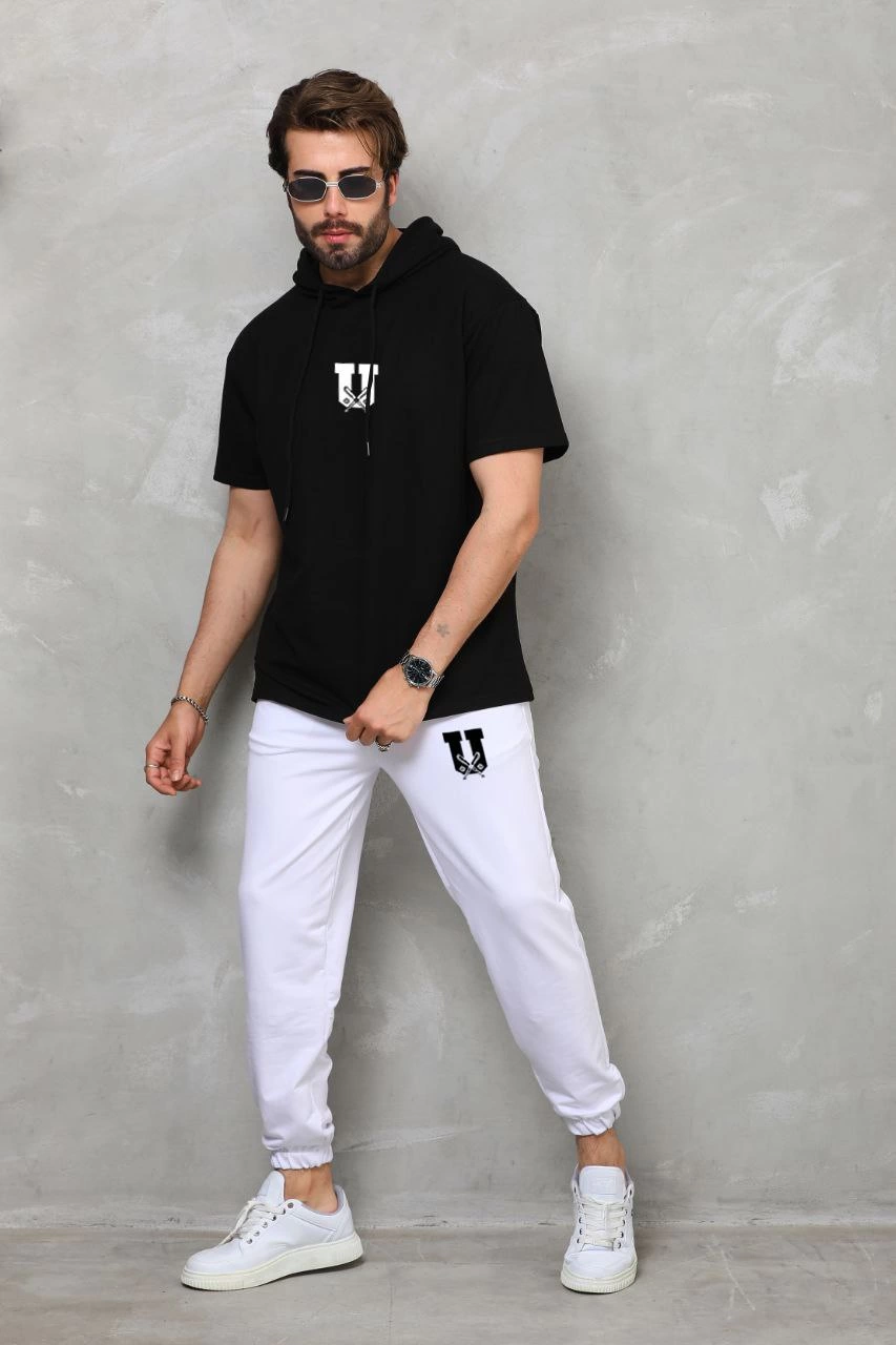 Erkek Kapşonlu Oversize T-Shirt Takım - Siyah
