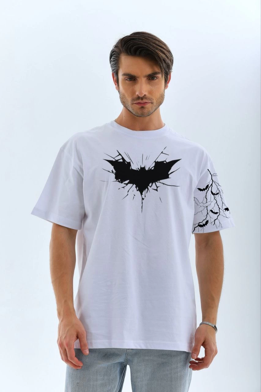 ERKEK Bisiklet yaka tişort Ön ve Kol Yarasa Baskılı T-shirt - Beyaz