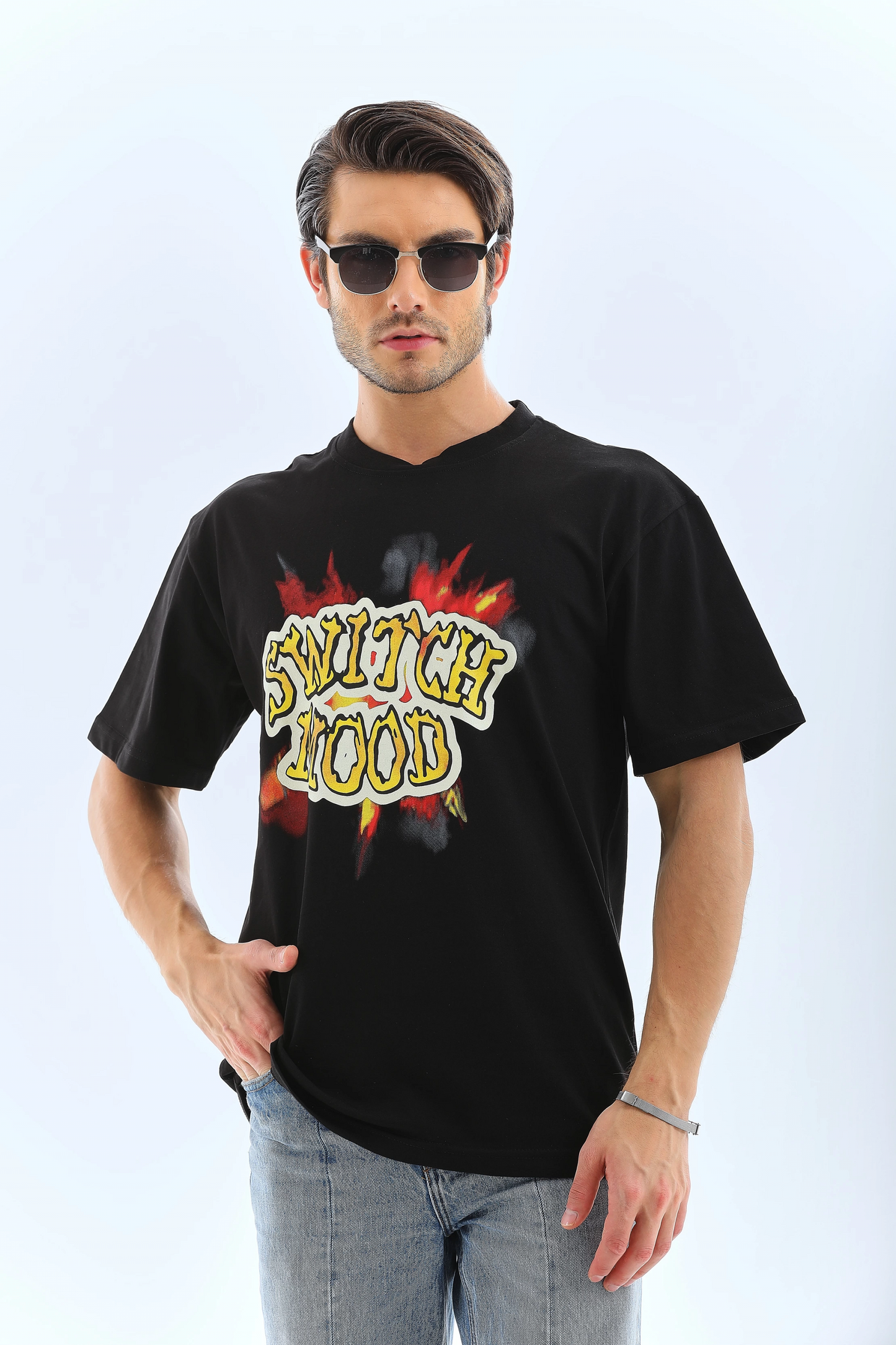 ERKEK Oversize ön ve Arka Baskılı Bisiklet Yaka Kısa kol T-Shirt - Siyah