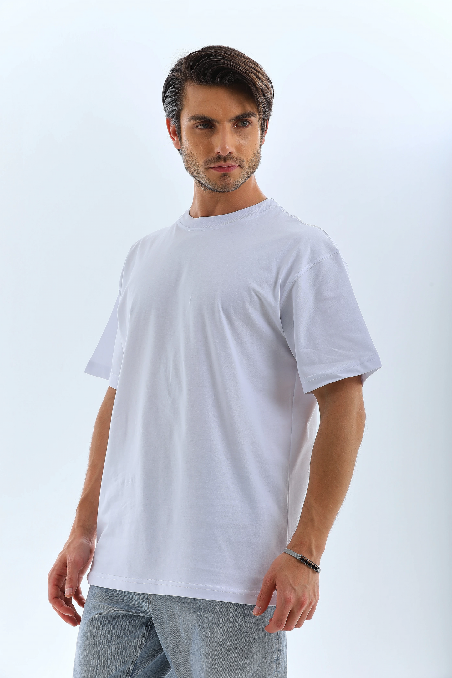 Erkek Düz Yazlık Kısa Kol Tişort Bisiklet Yaka Ovarsize T-Shirt - Beyaz