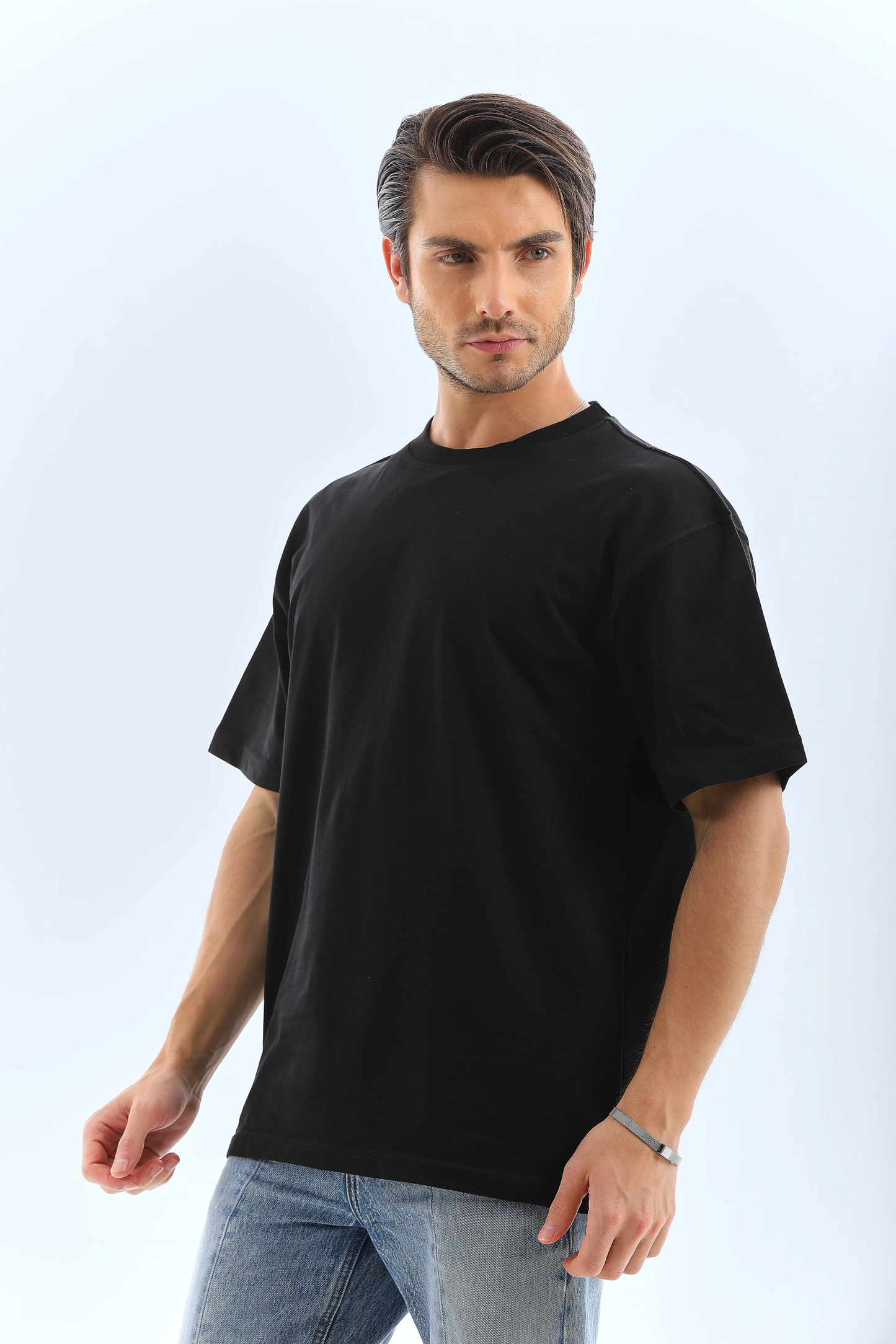 Erkek Düz Yazlık Kısa Kol Tişort Bisiklet Yaka Ovarsize T-Shirt - Siyah
