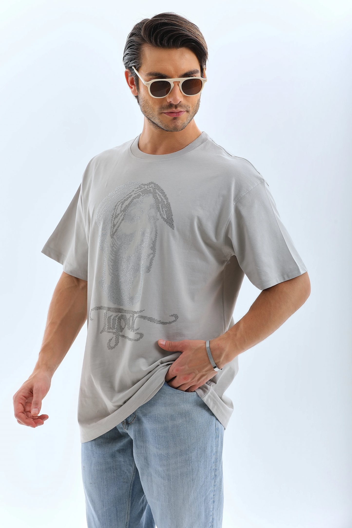 ERKEK Oversize Taşlı Bisiklet Yaka Kısa kol T-Shirt - Gri