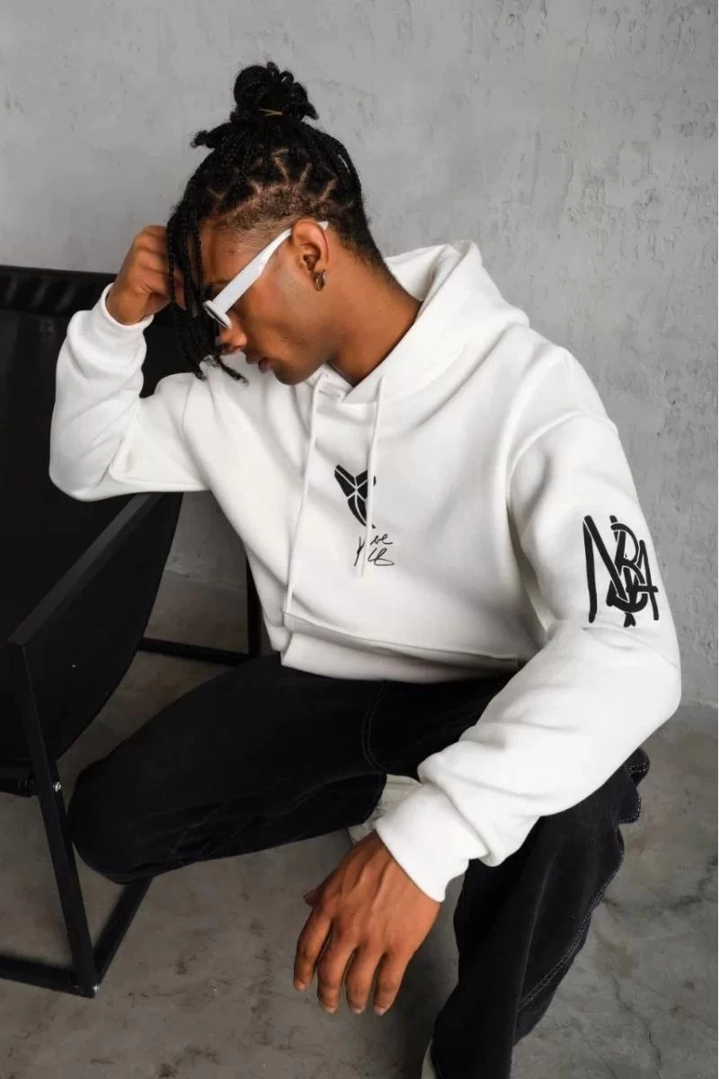 ERKEK Sırt Baskılı Kapüşonlu Üç İplik Oversize Sweatshirt - Beyaz