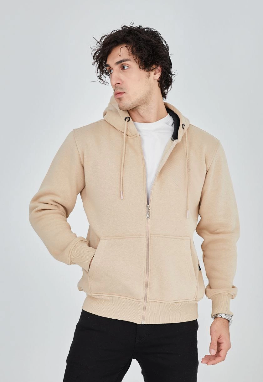ERKEK Tam Fermuarlı Kapşonlu SweatShirt - Bej