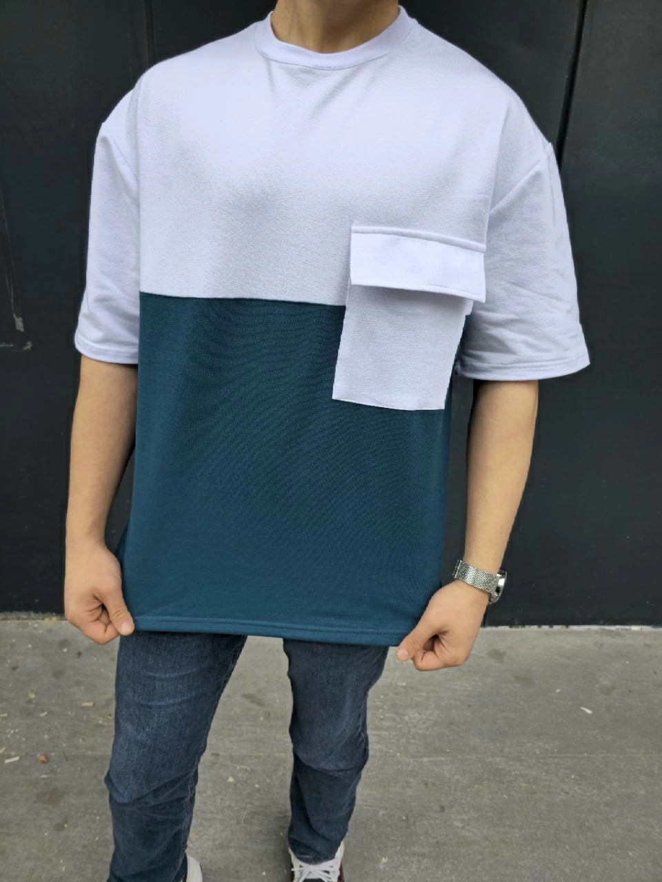 Erkek Torba Cep Detaylı Parçalı T-Shirt - Lacivert