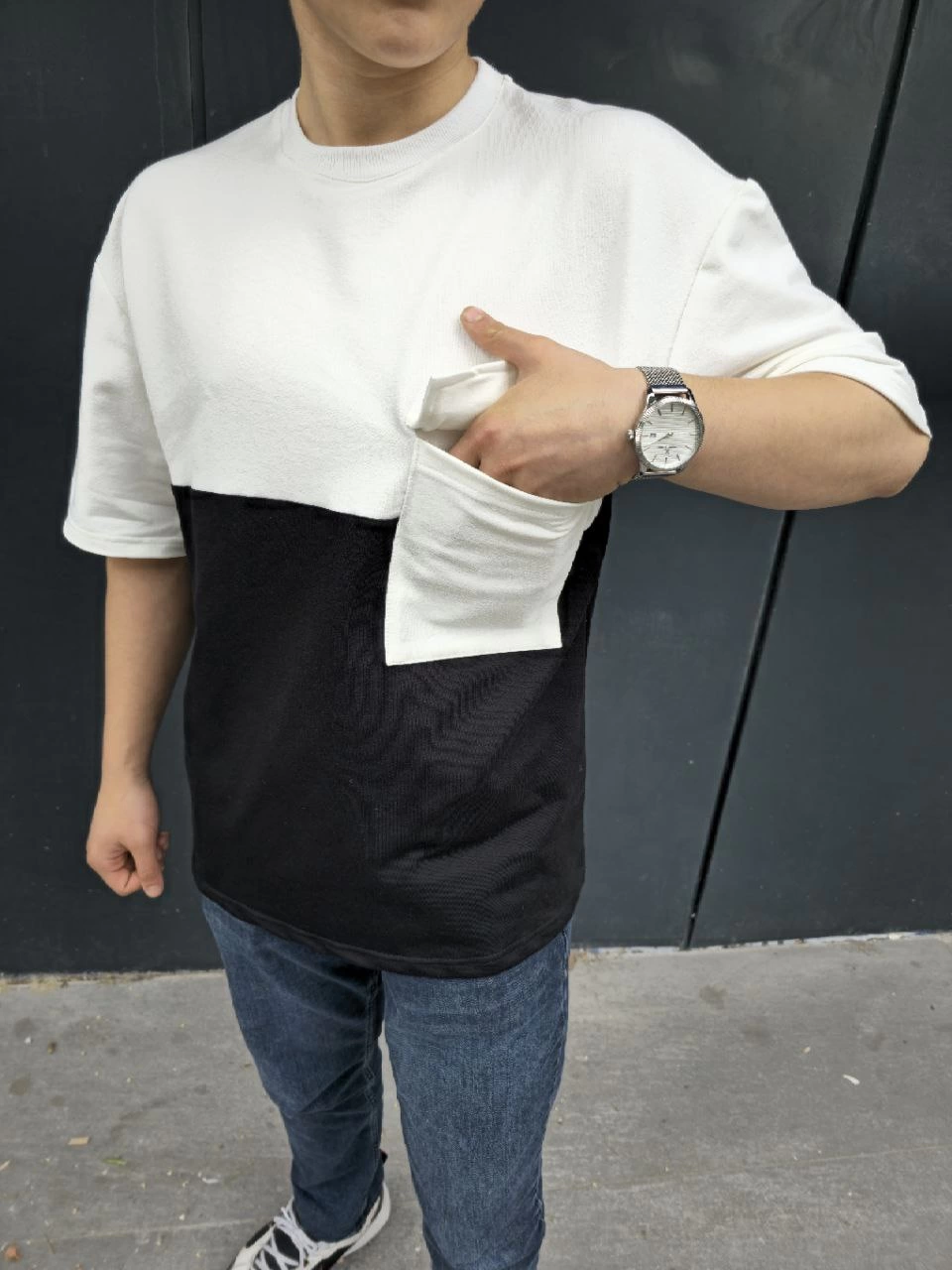 Erkek Torba Cep Detaylı Parçalı T-Shirt - Siyah