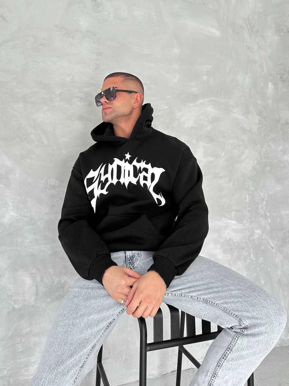 ERKEK Üç İplik Kapüşonlu Baskılı SweatShirt - Siyah