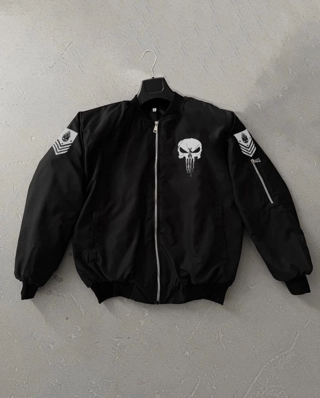 ERKEK Siyah Askeri Tarz Bomber Mont Punisher Skull Detaylı Fermuarlı Cepli - Siyah