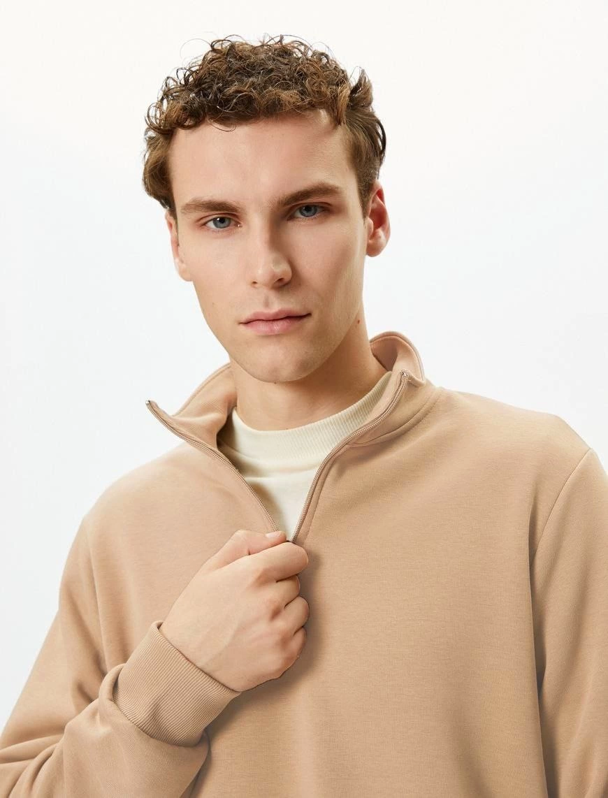 Erkek 3 iplik Pamuklu Uzun Kol Yarım Farmuarlı Yakalı SweatShirt - Bej
