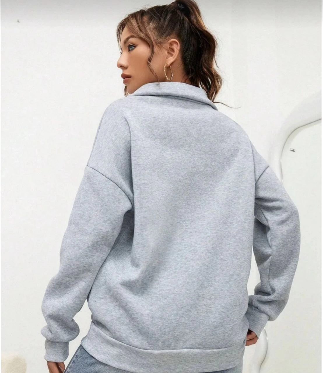 Kadın 3 iplik Pamuklu Uzun Kol Yarım Farmuarlı Yakalı SweatShirt - Gri